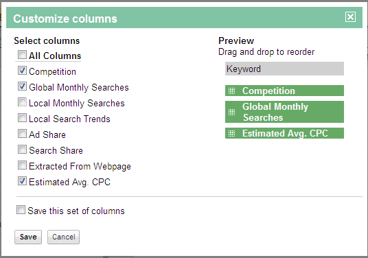 Customizing Columns Google Keyword Tool