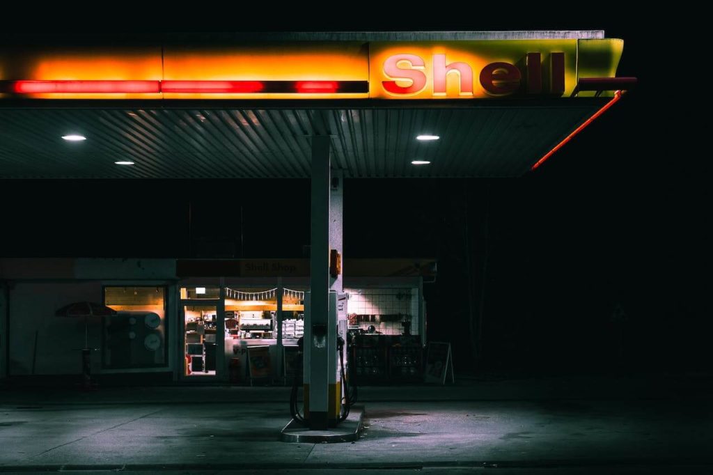 shell gas station at night